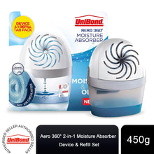 Load image into Gallery viewer, Unibond AERO 360º Moisture Absorber, Ultra-Absorbent Dehumidifier, Helps to Prevent Condensation, Mould & Musty Smells, Refillable Condensation Absorber, 1 Device incl. 1 Refill Tab 450g