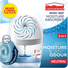 Load image into Gallery viewer, Unibond AERO 360º Moisture Absorber, Ultra-Absorbent Dehumidifier, Helps to Prevent Condensation, Mould & Musty Smells, Refillable Condensation Absorber, 1 Device incl. 1 Refill Tab 450g