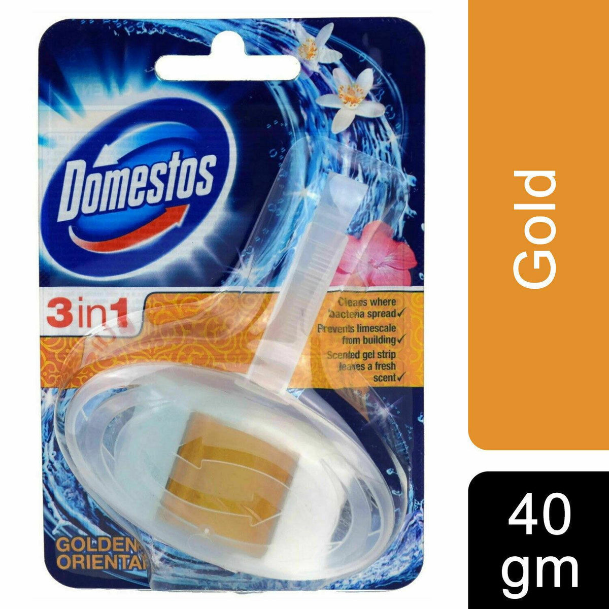 Domestos 3in1 Power Gold Toilet Rim Block with Scented Gel Strip, 40g