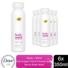 Load image into Gallery viewer, Dove Body + Mind Pink Dragon Fruit &amp; Primrose Vit E Serum Body Wash 350ml, 6 pk