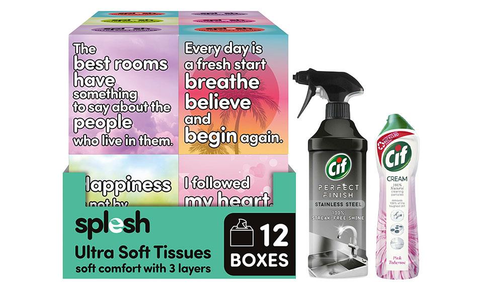 Splesh Tissues 12pk + Cif Pink Tuberose Cream 500ml + Stainless Spray 435ml