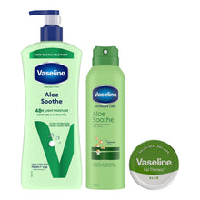 Load image into Gallery viewer, Vaseline Aloe Soothe Care Bundle Lotion 600ml, Spray 190ml &amp; Lip Therapy 20g Set