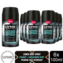 Load image into Gallery viewer, Lynx Lower Body Spray Coconut + Sandalwood 72Hrs of Freshness 100ml, 6 Pack