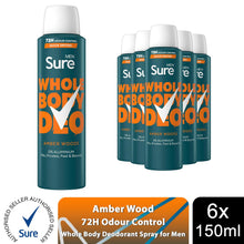 Load image into Gallery viewer, Sure Men Whole Body Amber Woods 72H Odour Protection Deodorant Spray 150ml, 6pk