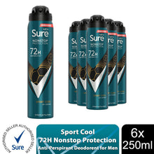 Load image into Gallery viewer, Sure Men Anti-perspirant 72H Nonstop Protection Sport Cool Deodorant, 6x250ml