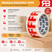 Load image into Gallery viewer, Fragile Tape 48mm x 66m Packing Tape for Parcels &amp; Boxes, 48 Rolls