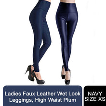 Load image into Gallery viewer, RJM Ladies Faux Leather Wet Look Leggings, High Waist Plum, Navy &amp; Black - NAVY SIZE XS