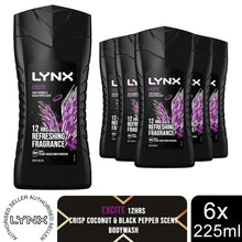 Load image into Gallery viewer, Lynx Excite 12-H Refreshing Fragrance Shower Gel Body Wash for Men, 6x225ml