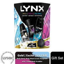 Load image into Gallery viewer, Lynx Gold, Excite &amp; Ice Chill Bath &amp; Body 3Pcs Gift Set for Him w/ Body Scrubber