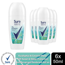 Load image into Gallery viewer, Sure Women Nonstop Protection Eucalyptus &amp; Coconut Antiperspirant Deo 50ml, 6 PK