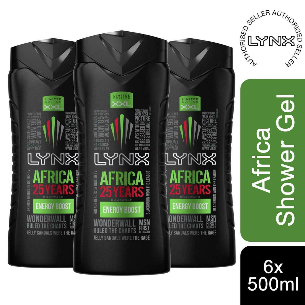 Lynx Energy Boost Shower Gel Bodywash, Africa, 3 or 6 Pk, 500ml
