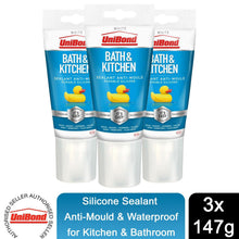 Load image into Gallery viewer, Unibond Silicone Sealant Anti-Mould &amp; Waterproof for Kitchen &amp; Bathroom, 147g 3 Pack