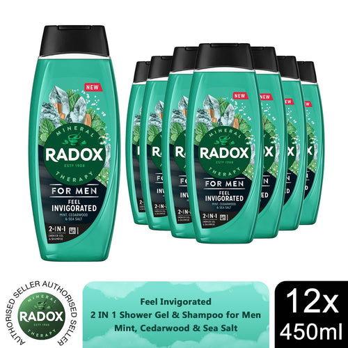 12x Radox Mineral Therapy Feel Invigorated Shower Gel & Shampoo for Men, 450ml