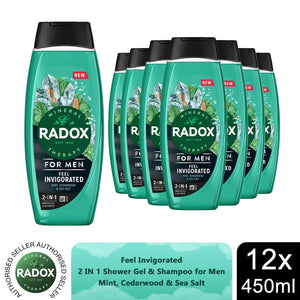 12x Radox Mineral Therapy Feel Invigorated Shower Gel & Shampoo for Men, 450ml