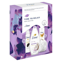 Load image into Gallery viewer, Dove Time to Relax Body Wash, Lotion Deo 3pcs Gift Set for Her with Shower Puff