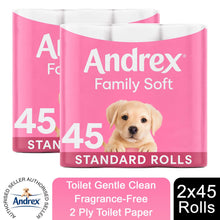 Load image into Gallery viewer, Andrex Gentle Clean Embossed Puppies on Roll 2 Ply Toilet Paper, 45 Or 90 Rolls