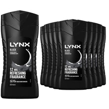 Load image into Gallery viewer, 12pk of 225ml Lynx 12H Refreshing Black Frozen Pear &amp; Cedarwood Scent Body wash