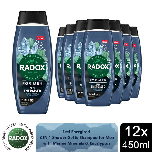12x Radox Mineral Therapy Feel Energised 2in1 Shower Gel & Shampoo for Men,450ml