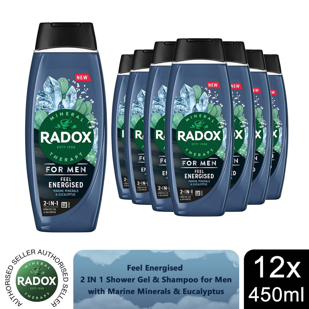 12x Radox Mineral Therapy Feel Energised 2in1 Shower Gel & Shampoo for Men,450ml