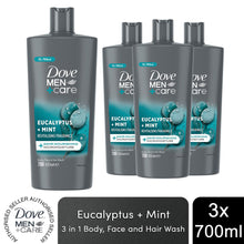 Load image into Gallery viewer, Dove Men+Care 3-in-1 Hair, Face and Body Wash Eucalyptus + Mint 700ml, 3 Pack