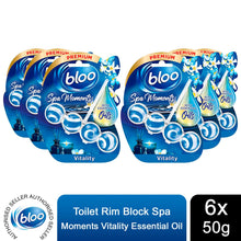 Load image into Gallery viewer, Bloo Toilet Rim Block Spa Moments Vitality Essential Oil 50g 6 Pack