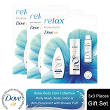 Load image into Gallery viewer, Dove Relax Trio Gift Set with Hydrate Bodywash, Body Lotion &amp; Classic Deodorant