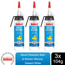 Load image into Gallery viewer, UniBond Mould Resistant Bath &amp; Kitchen Silicone Sealant White, 104g, 3pk