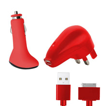 Load image into Gallery viewer, FX 3 in 1 USB Charging Kit with Car Charger, UK Pin Plug Socket &amp; USB Cable, Red