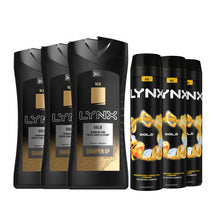 Load image into Gallery viewer, 3pk Each Bundle of Lynx Gold For Men Body Spray 250ml with Body Wash 400ml