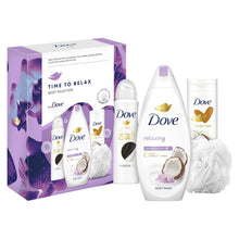 Load image into Gallery viewer, Dove Time to Relax Body Wash, Lotion Deo 3pcs Gift Set for Her with Shower Puff