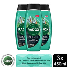Load image into Gallery viewer, 3x Radox Mineral Therapy Feel Invigorated Shower Gel &amp; Shampoo for Men, 450ml