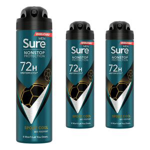 Sure Men Nonstop Protection 72H Anti-Perspirant Deodorant Sport Cool 150ml, 3pk