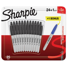 Load image into Gallery viewer, Sharpie Permanent Marker Pens Fine Point Black 24 Pack + Blue One