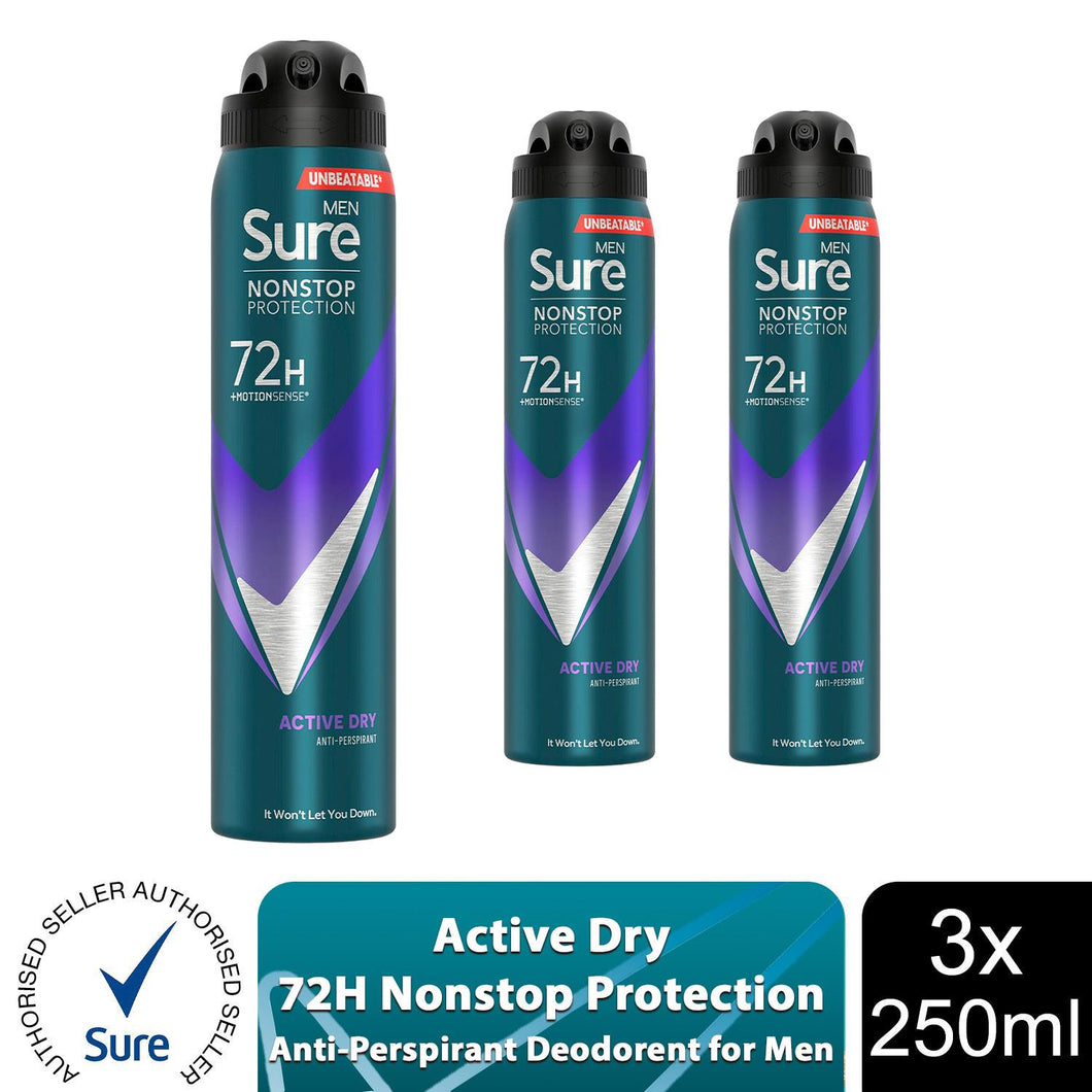 Sure Men Anti-perspirant 72H Nonstop Protection Active Dry Deodorant, 3x250ml
