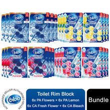 Load image into Gallery viewer, Bloo Toilet Rim Blocks Colour Active+Bleach, Lemon, Flower &amp; Power Active 6 Pk