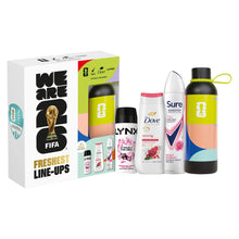 Load image into Gallery viewer, Freshest Line-Ups FIFA Gift Set for Her Body Wash, Spray &amp; Water Bottle