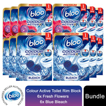 Load image into Gallery viewer, Bloo Colour Active Fresh Flower &amp; Bleach Toilet Rim Block Odour Stop 6 pk of 50g