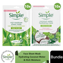 Load image into Gallery viewer, Simple Face Sheet Mask - Hydrating Coconut Water + Rich Moisture, 5 or 10 Pack
