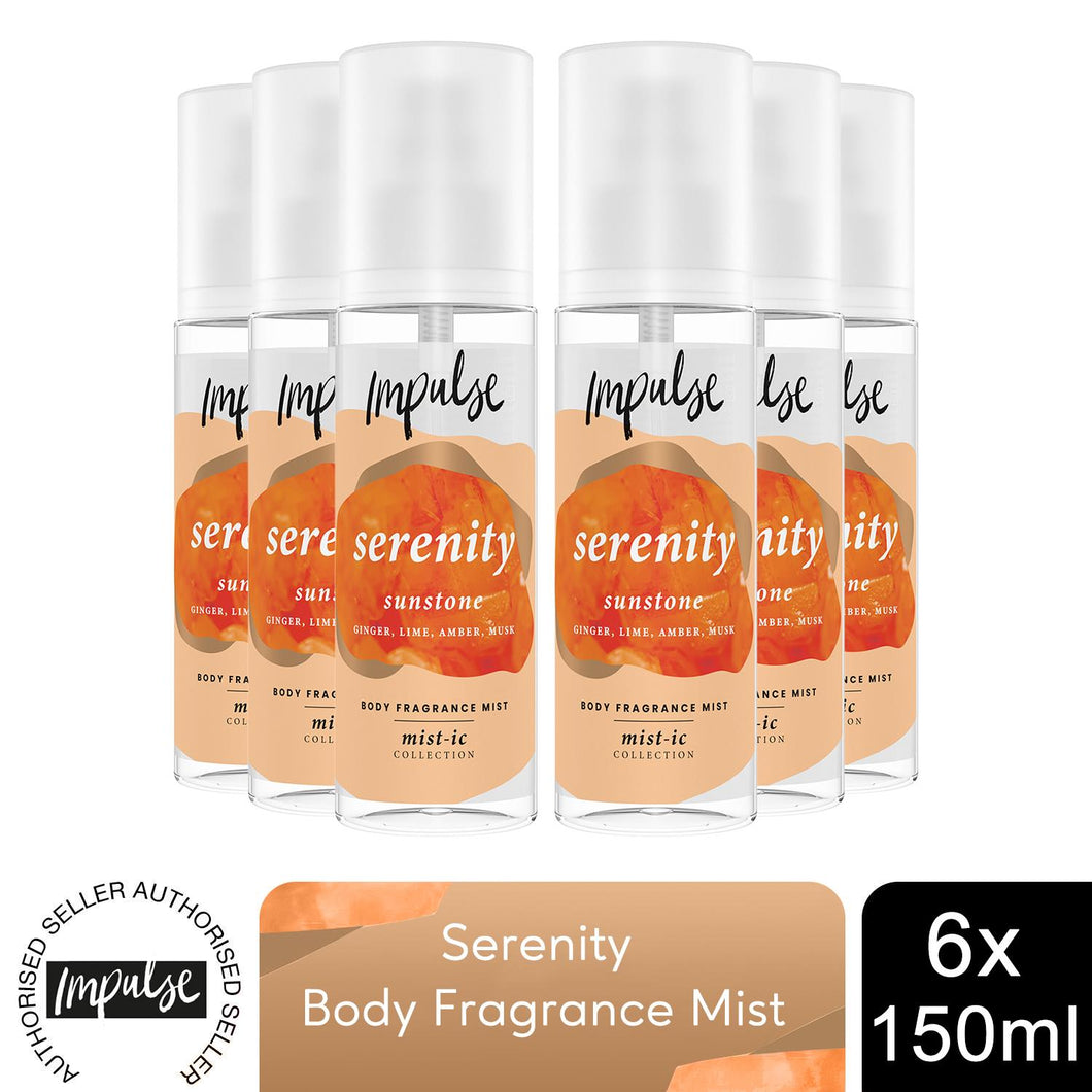 Impulse Body Fragrance Mist Serenity with Ginger & Earthy Musk Scent 150ml, 6pk