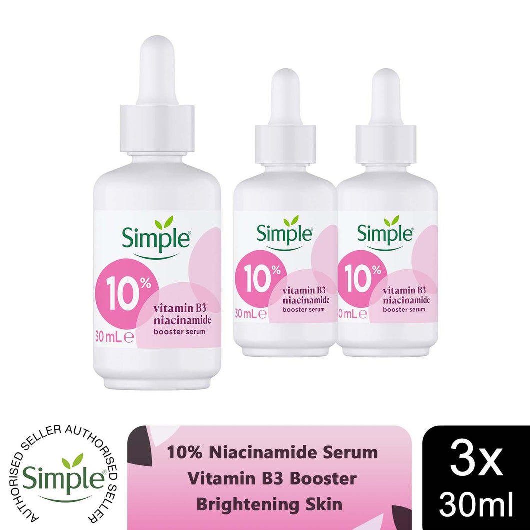 Simple 10% Niacinamide Serum 3 Pack, 30ml Each, Vitamin B3 Booster Brightening Face Serum, Helps Reduce Blemishes and Uneven Tone, Smooths Skin Texture and Restores Radiance