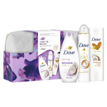Load image into Gallery viewer, Dove Time To Relax Bath &amp; Body 3 Pcs Gift Set for Her with Beauty Bag
