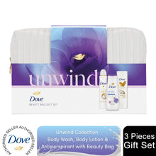 Load image into Gallery viewer, Dove Unwind Deodorant, Body Lotion, Bodywash 3 Pcs Beauty Bag Gift Set for Her