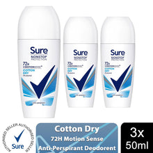 Load image into Gallery viewer, 3x Sure Women Motion Sense AP Deodorant Roll-on 72H Nonstop, Cotton Dry, 50ml