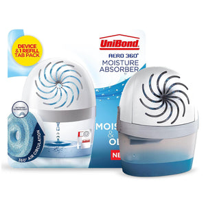 Unibond AERO 360º Moisture Absorber, Ultra-Absorbent Dehumidifier, Helps to Prevent Condensation, Mould & Musty Smells, Refillable Condensation Absorber, 1 Device incl. 1 Refill Tab 450g