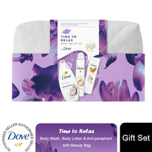 Load image into Gallery viewer, Dove Time To Relax Bath &amp; Body 3 Pcs Gift Set for Her with Beauty Bag