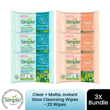 Load image into Gallery viewer, 3x Simple Protect 'N' Glow Instant Cleansing Wipes + 3x Simple Wipes DailyDetoxMatte
