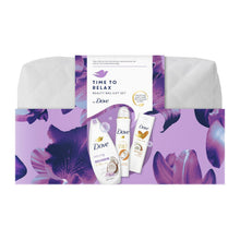 Load image into Gallery viewer, Dove Time To Relax Bath &amp; Body 3 Pcs Gift Set for Her with Beauty Bag