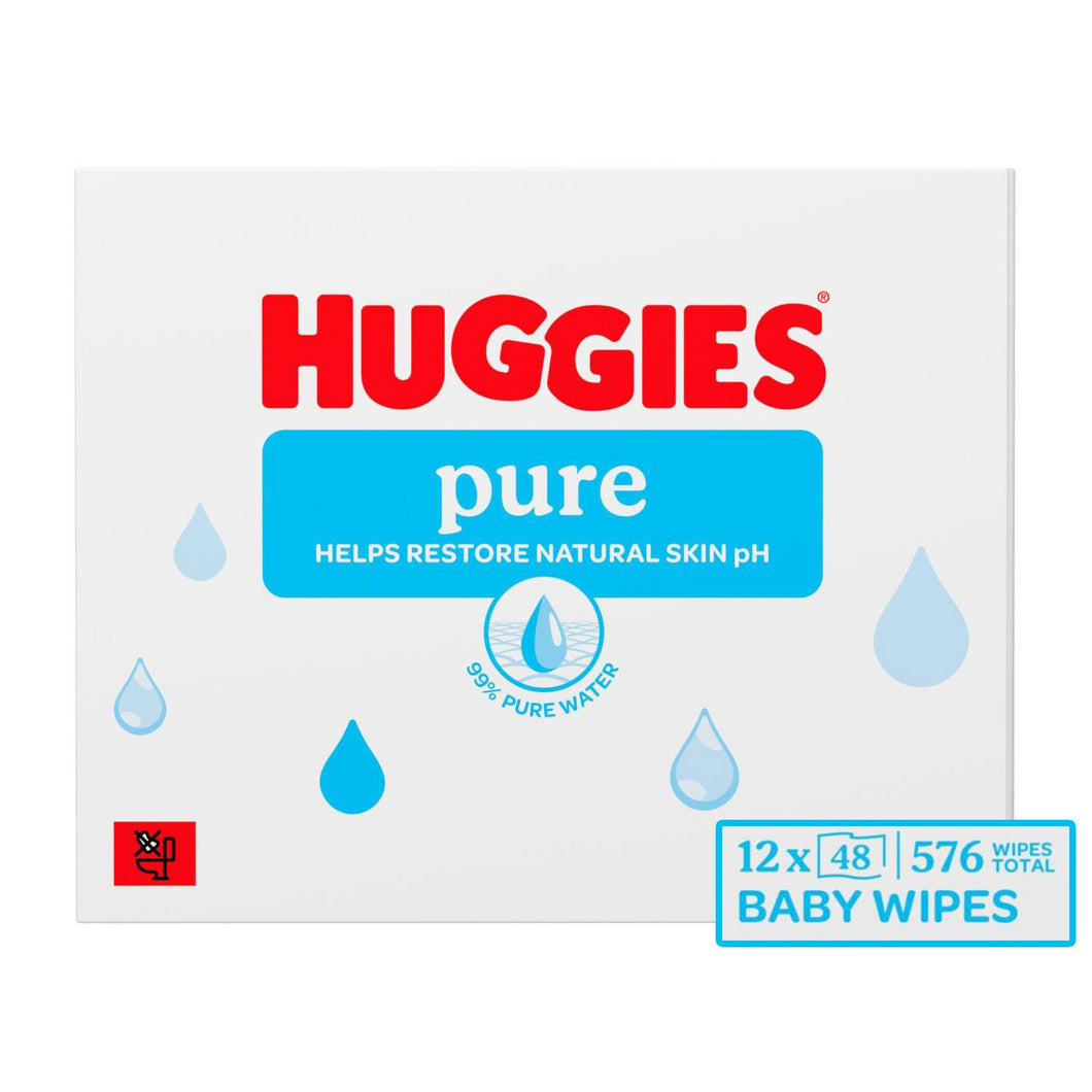 Huggies Pure Plastic Free Baby Wipes 99% Water Wet Wipes, Pack of 12 (576 Wipes)