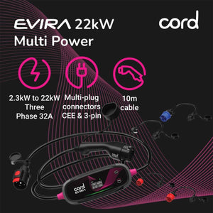 Cord EVIRA Professional 10m Portable EV Charger 2.3kW to 22kW w/ UK adaptor kit