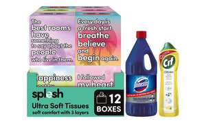 Splesh Tissues 12pk + 2x Cif Lemon 500ml + Domestos Bleach 2L